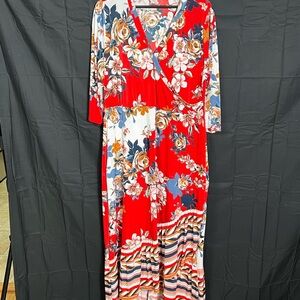 Mlle Gabrielle Red and White Maxi Sundress V-Neck 3/4 Sleeve
